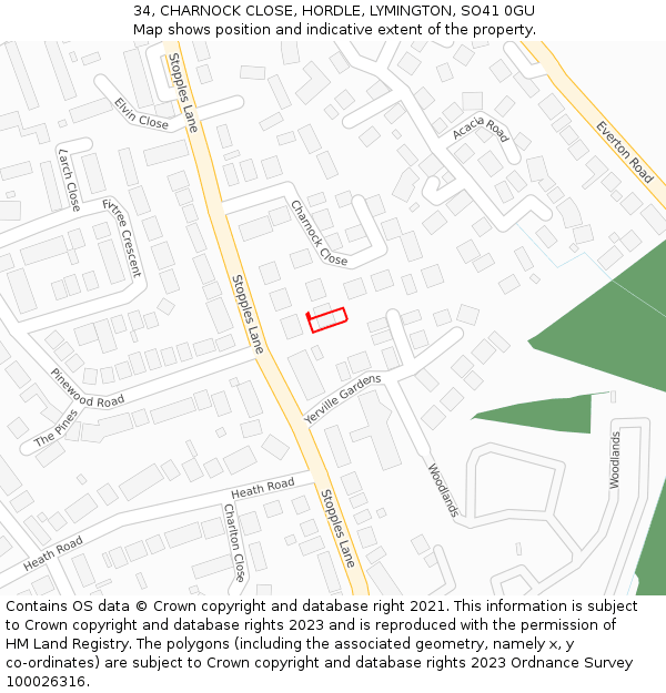 34, CHARNOCK CLOSE, HORDLE, LYMINGTON, SO41 0GU: Location map and indicative extent of plot