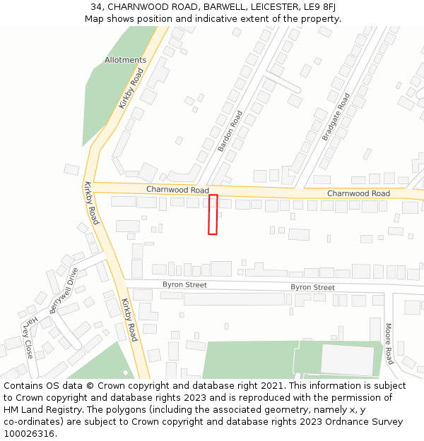 34, CHARNWOOD ROAD, BARWELL, LEICESTER, LE9 8FJ: Location map and indicative extent of plot