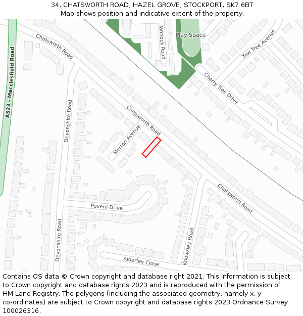 34, CHATSWORTH ROAD, HAZEL GROVE, STOCKPORT, SK7 6BT: Location map and indicative extent of plot