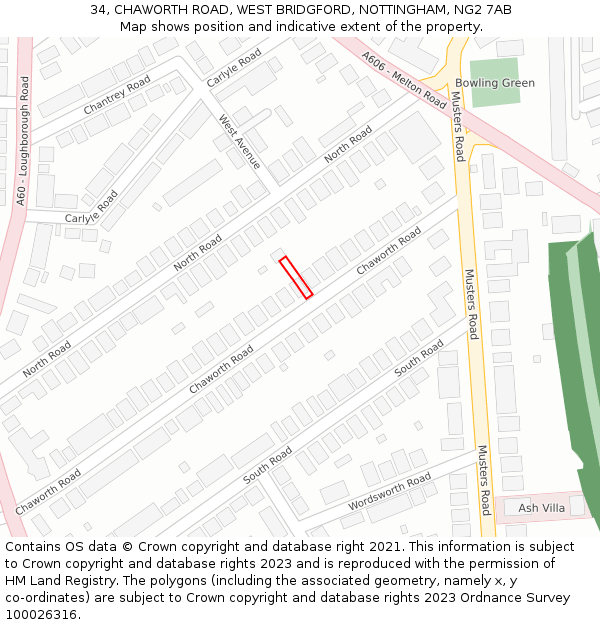 34, CHAWORTH ROAD, WEST BRIDGFORD, NOTTINGHAM, NG2 7AB: Location map and indicative extent of plot