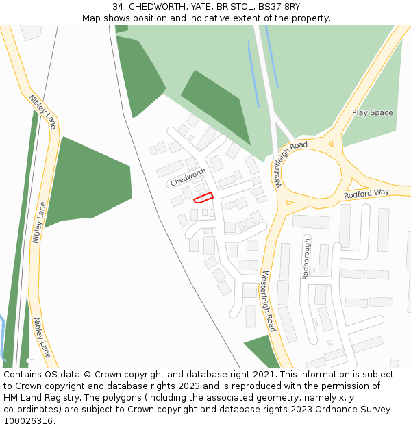 34, CHEDWORTH, YATE, BRISTOL, BS37 8RY: Location map and indicative extent of plot