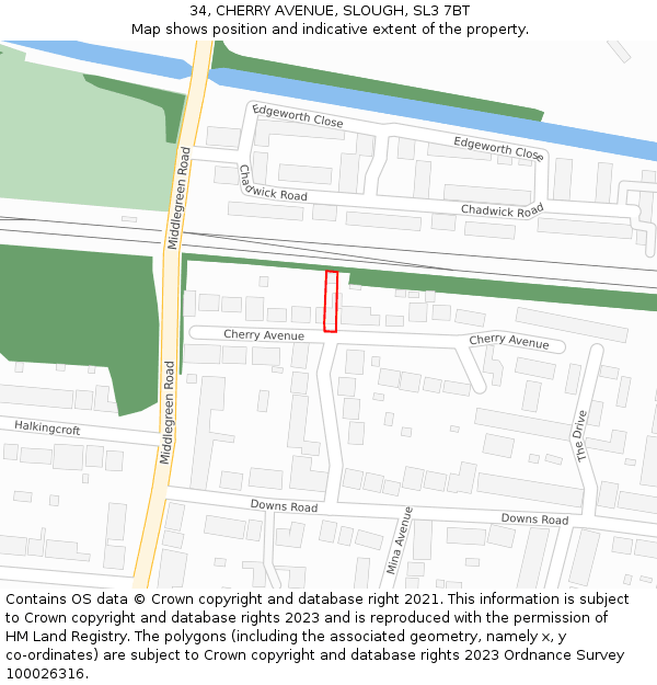 34, CHERRY AVENUE, SLOUGH, SL3 7BT: Location map and indicative extent of plot