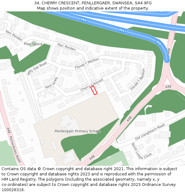 34, CHERRY CRESCENT, PENLLERGAER, SWANSEA, SA4 9FG: Location map and indicative extent of plot