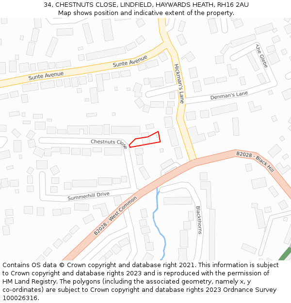 34, CHESTNUTS CLOSE, LINDFIELD, HAYWARDS HEATH, RH16 2AU: Location map and indicative extent of plot