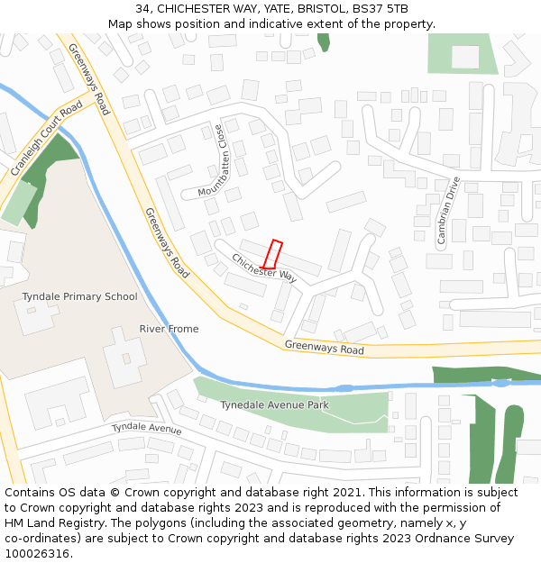 34, CHICHESTER WAY, YATE, BRISTOL, BS37 5TB: Location map and indicative extent of plot