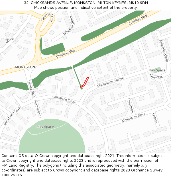 34, CHICKSANDS AVENUE, MONKSTON, MILTON KEYNES, MK10 9DN: Location map and indicative extent of plot