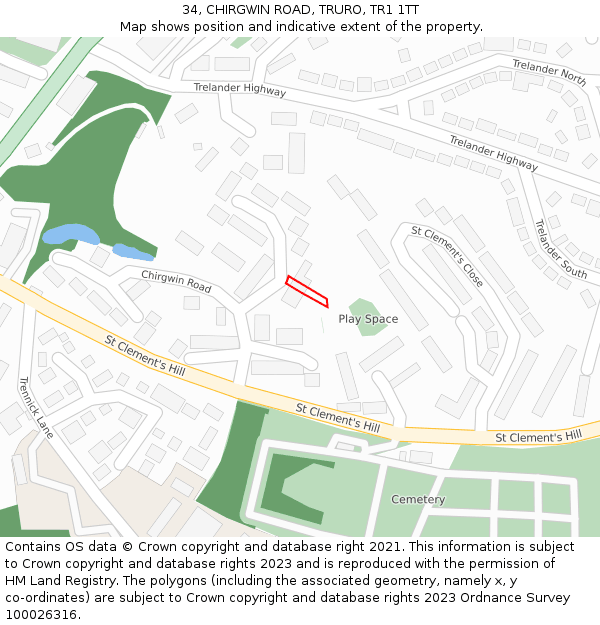 34, CHIRGWIN ROAD, TRURO, TR1 1TT: Location map and indicative extent of plot
