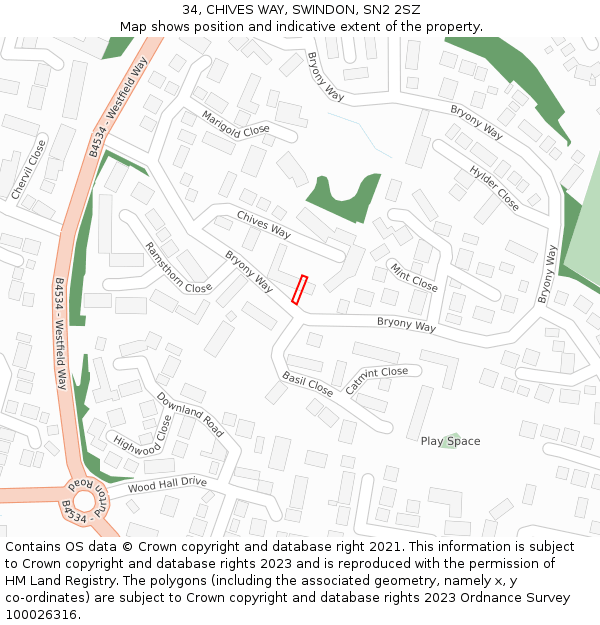 34, CHIVES WAY, SWINDON, SN2 2SZ: Location map and indicative extent of plot