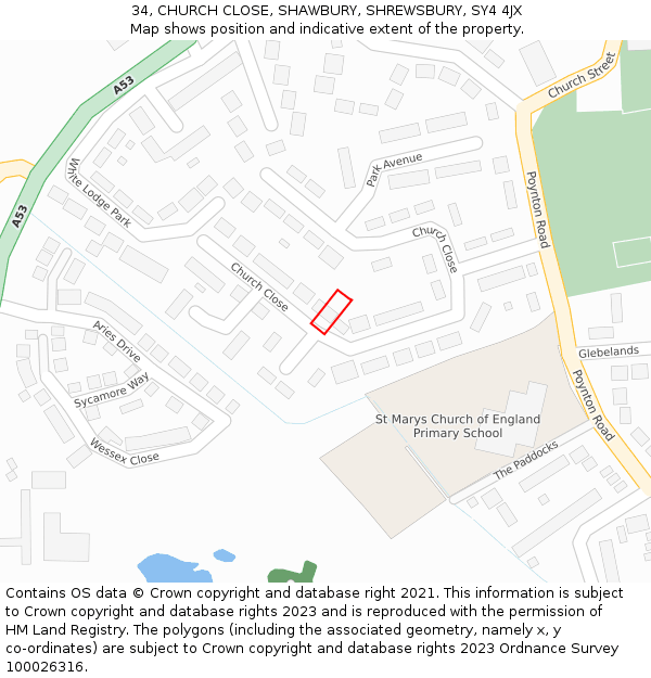 34, CHURCH CLOSE, SHAWBURY, SHREWSBURY, SY4 4JX: Location map and indicative extent of plot