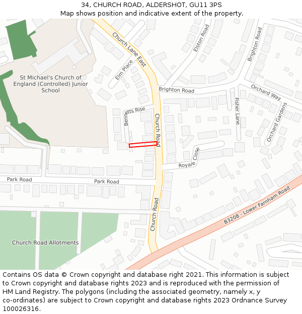 34, CHURCH ROAD, ALDERSHOT, GU11 3PS: Location map and indicative extent of plot