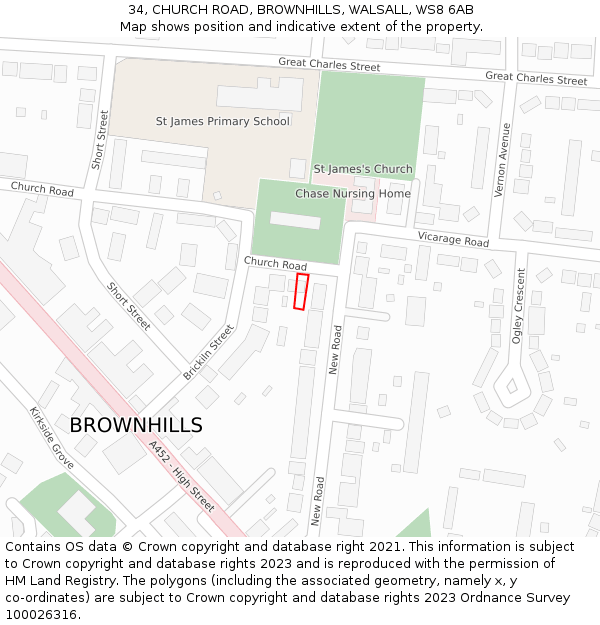 34, CHURCH ROAD, BROWNHILLS, WALSALL, WS8 6AB: Location map and indicative extent of plot