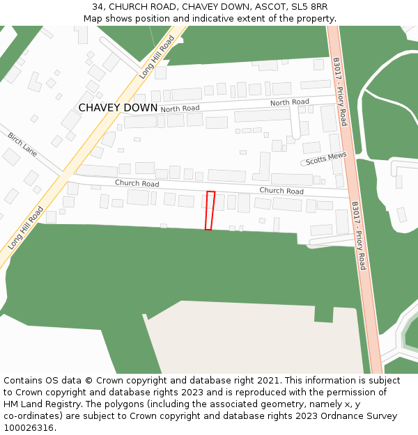 34, CHURCH ROAD, CHAVEY DOWN, ASCOT, SL5 8RR: Location map and indicative extent of plot