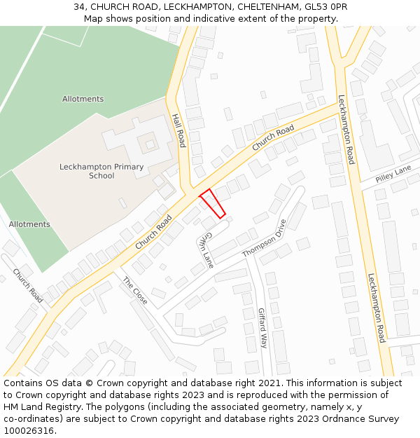 34, CHURCH ROAD, LECKHAMPTON, CHELTENHAM, GL53 0PR: Location map and indicative extent of plot