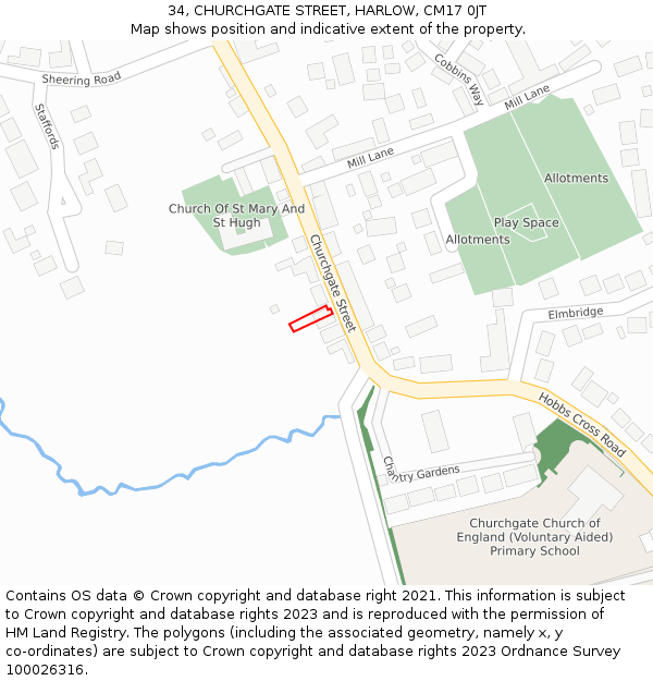 34, CHURCHGATE STREET, HARLOW, CM17 0JT: Location map and indicative extent of plot