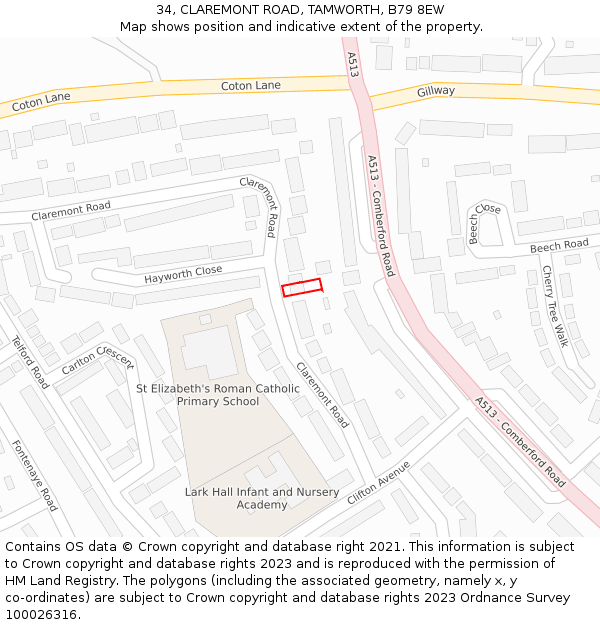 34, CLAREMONT ROAD, TAMWORTH, B79 8EW: Location map and indicative extent of plot