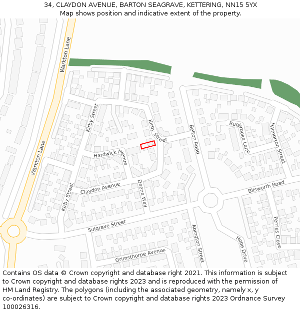 34, CLAYDON AVENUE, BARTON SEAGRAVE, KETTERING, NN15 5YX: Location map and indicative extent of plot