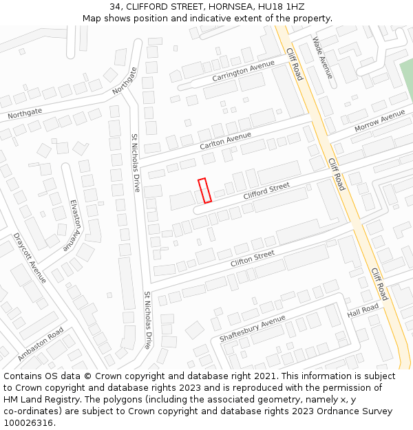 34, CLIFFORD STREET, HORNSEA, HU18 1HZ: Location map and indicative extent of plot