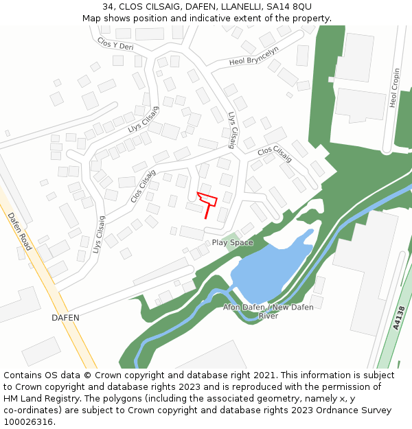 34, CLOS CILSAIG, DAFEN, LLANELLI, SA14 8QU: Location map and indicative extent of plot
