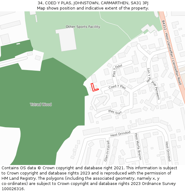 34, COED Y PLAS, JOHNSTOWN, CARMARTHEN, SA31 3PJ: Location map and indicative extent of plot