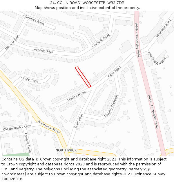 34, COLIN ROAD, WORCESTER, WR3 7DB: Location map and indicative extent of plot