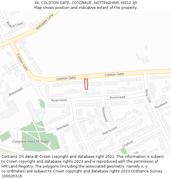 34, COLSTON GATE, COTGRAVE, NOTTINGHAM, NG12 3JY: Location map and indicative extent of plot