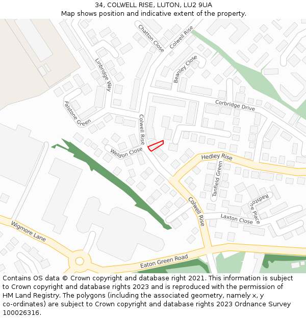 34, COLWELL RISE, LUTON, LU2 9UA: Location map and indicative extent of plot
