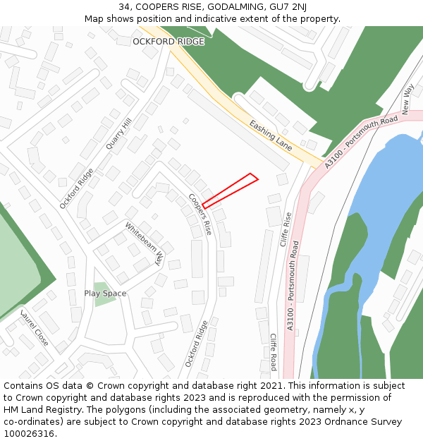 34, COOPERS RISE, GODALMING, GU7 2NJ: Location map and indicative extent of plot