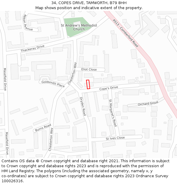 34, COPES DRIVE, TAMWORTH, B79 8HH: Location map and indicative extent of plot