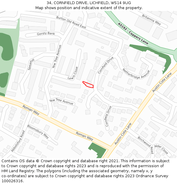 34, CORNFIELD DRIVE, LICHFIELD, WS14 9UG: Location map and indicative extent of plot