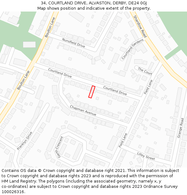 34, COURTLAND DRIVE, ALVASTON, DERBY, DE24 0GJ: Location map and indicative extent of plot