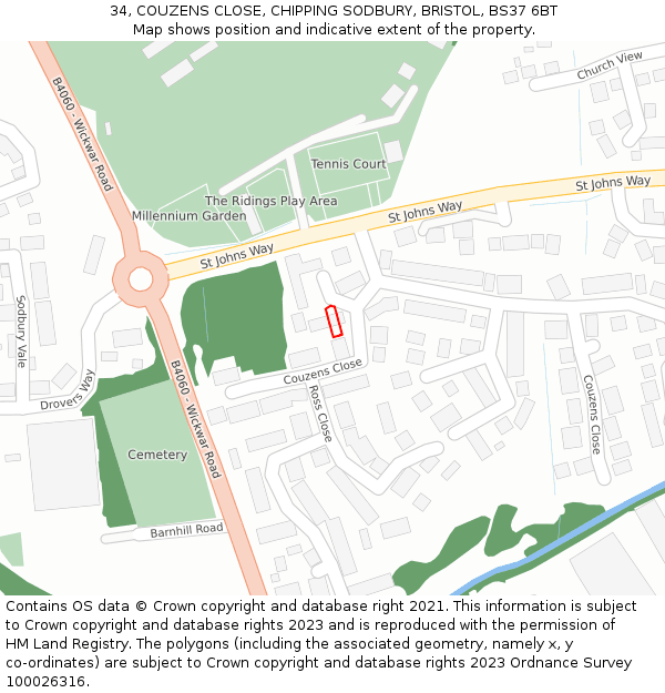 34, COUZENS CLOSE, CHIPPING SODBURY, BRISTOL, BS37 6BT: Location map and indicative extent of plot