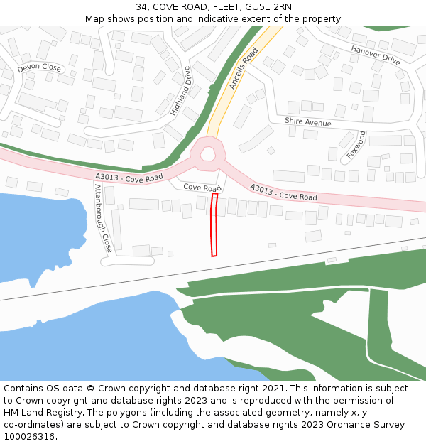 34, COVE ROAD, FLEET, GU51 2RN: Location map and indicative extent of plot