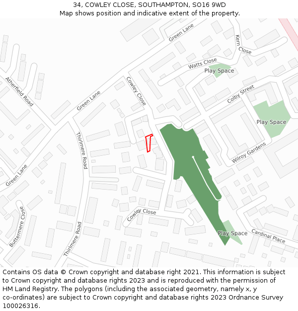 34, COWLEY CLOSE, SOUTHAMPTON, SO16 9WD: Location map and indicative extent of plot