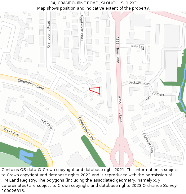 34, CRANBOURNE ROAD, SLOUGH, SL1 2XF: Location map and indicative extent of plot