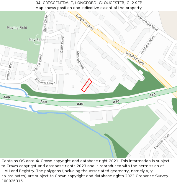 34, CRESCENTDALE, LONGFORD, GLOUCESTER, GL2 9EP: Location map and indicative extent of plot