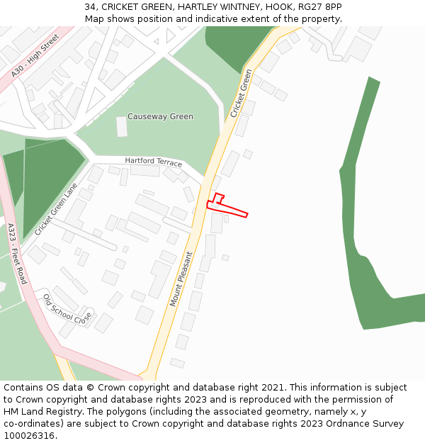 34, CRICKET GREEN, HARTLEY WINTNEY, HOOK, RG27 8PP: Location map and indicative extent of plot