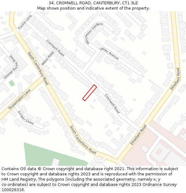 34, CROMWELL ROAD, CANTERBURY, CT1 3LE: Location map and indicative extent of plot