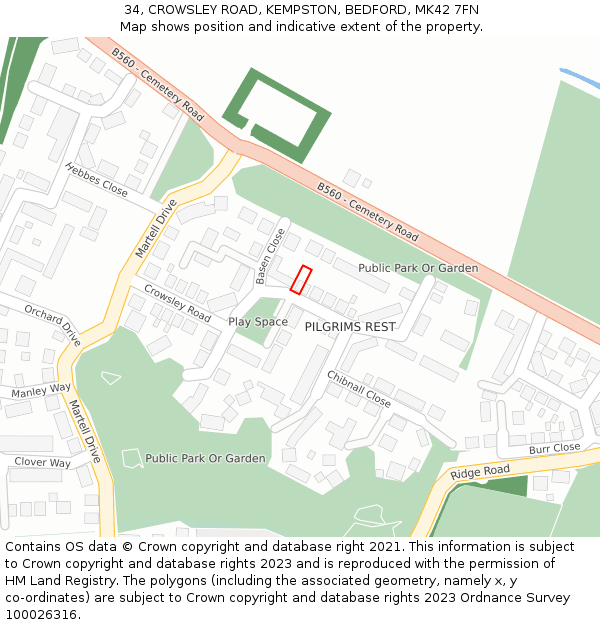 34, CROWSLEY ROAD, KEMPSTON, BEDFORD, MK42 7FN: Location map and indicative extent of plot