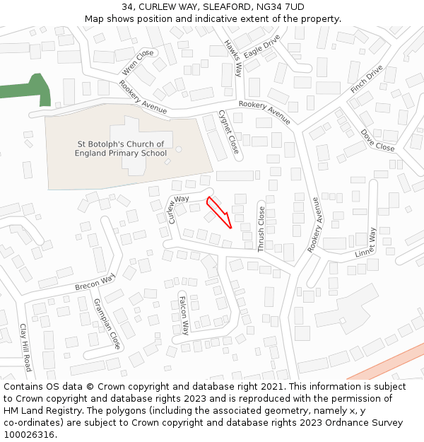 34, CURLEW WAY, SLEAFORD, NG34 7UD: Location map and indicative extent of plot