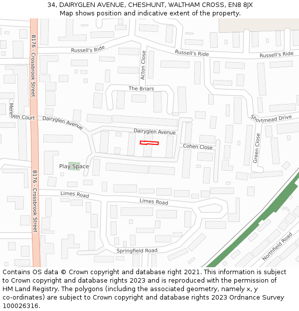 34, DAIRYGLEN AVENUE, CHESHUNT, WALTHAM CROSS, EN8 8JX: Location map and indicative extent of plot