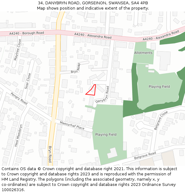 34, DANYBRYN ROAD, GORSEINON, SWANSEA, SA4 4PB: Location map and indicative extent of plot