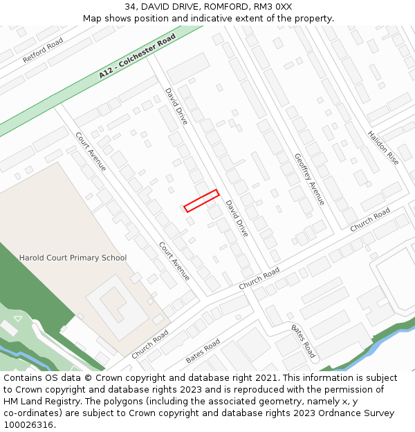 34, DAVID DRIVE, ROMFORD, RM3 0XX: Location map and indicative extent of plot