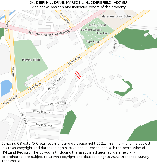 34, DEER HILL DRIVE, MARSDEN, HUDDERSFIELD, HD7 6LF: Location map and indicative extent of plot