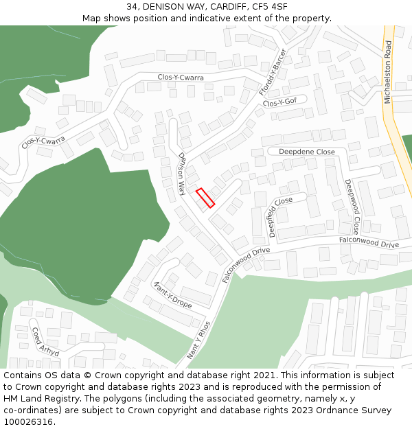 34, DENISON WAY, CARDIFF, CF5 4SF: Location map and indicative extent of plot