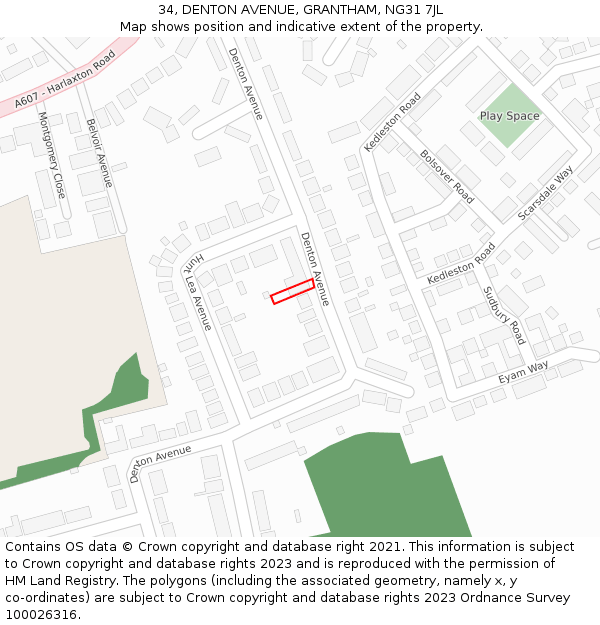 34, DENTON AVENUE, GRANTHAM, NG31 7JL: Location map and indicative extent of plot