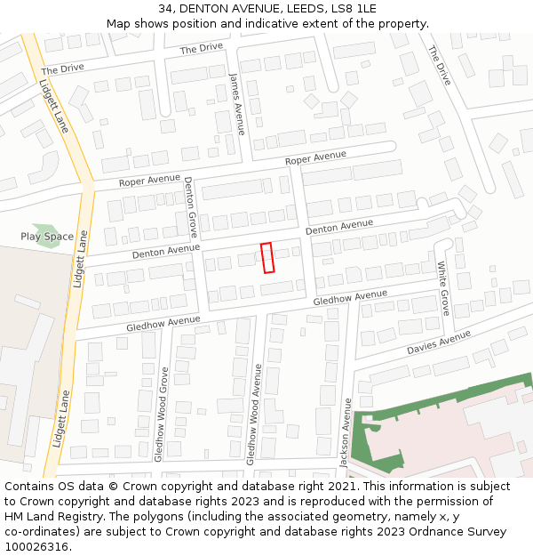 34, DENTON AVENUE, LEEDS, LS8 1LE: Location map and indicative extent of plot