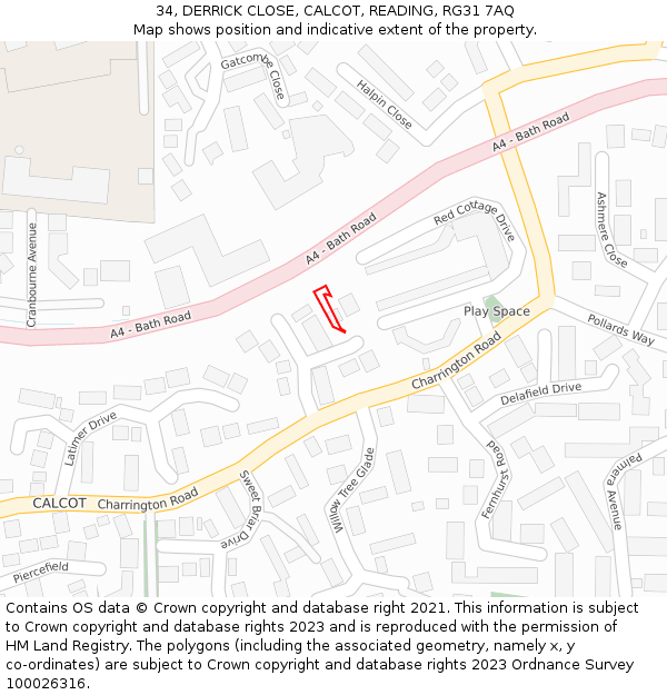 34, DERRICK CLOSE, CALCOT, READING, RG31 7AQ: Location map and indicative extent of plot