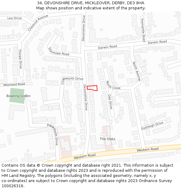 34, DEVONSHIRE DRIVE, MICKLEOVER, DERBY, DE3 9HA: Location map and indicative extent of plot