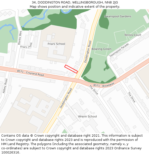 34, DODDINGTON ROAD, WELLINGBOROUGH, NN8 2JG: Location map and indicative extent of plot