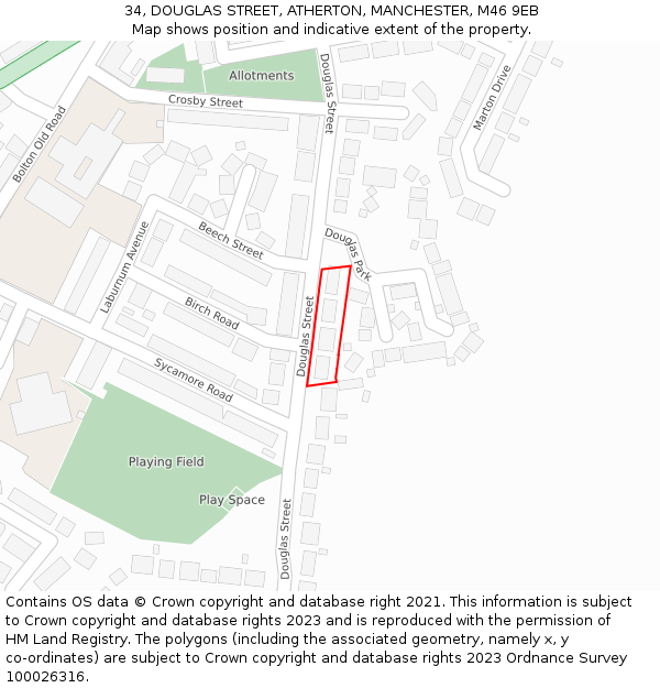 34, DOUGLAS STREET, ATHERTON, MANCHESTER, M46 9EB: Location map and indicative extent of plot